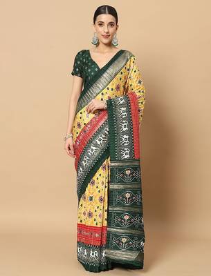 Yellow printed silk blend ethnic saree with blouse piece 1