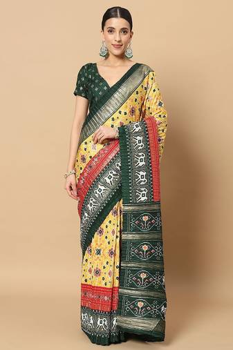 Yellow printed silk blend ethnic saree with blouse piece