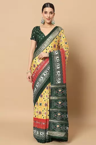 Yellow printed silk blend ethnic saree with blouse piece