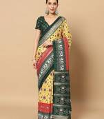 Yellow printed silk blend ethnic saree with blouse piece