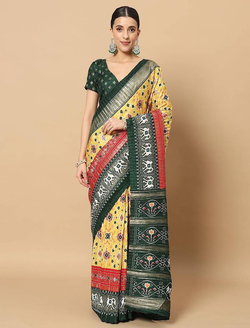 Yellow printed silk blend ethnic saree with blouse piece