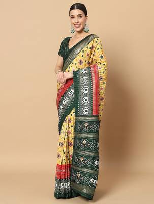 Yellow printed silk blend ethnic saree with blouse piece 2