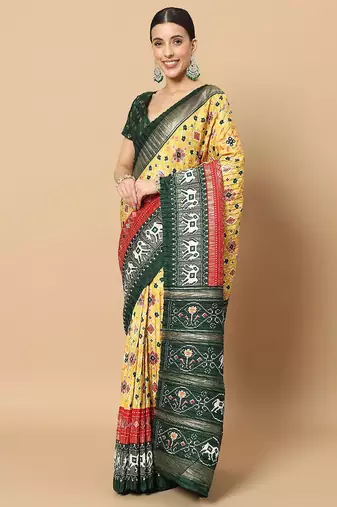 Yellow printed silk blend ethnic saree with blouse piece