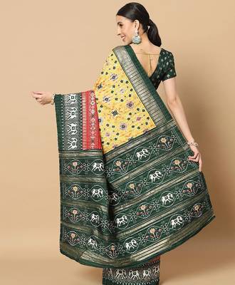 Yellow printed silk blend ethnic saree with blouse piece 3