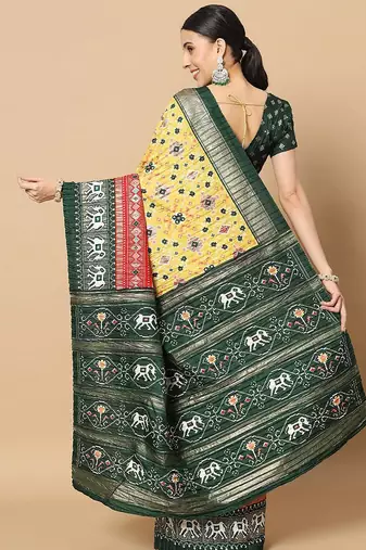 Yellow printed silk blend ethnic saree with blouse piece