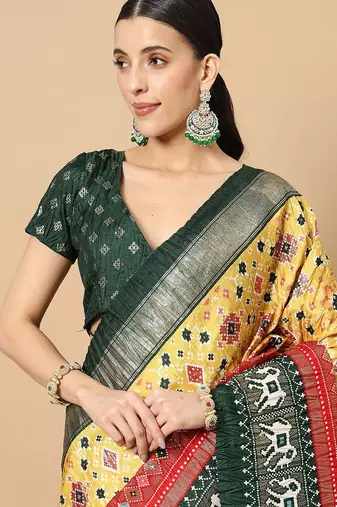 Yellow printed silk blend ethnic saree with blouse piece