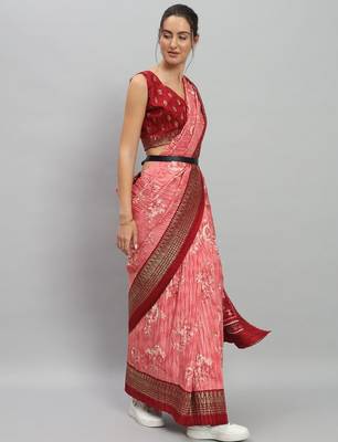 Pink printed silk blend ethnic saree with blouse piece 1