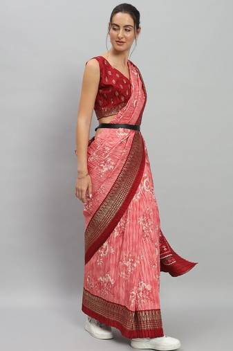 Pink printed silk blend ethnic saree with blouse piece