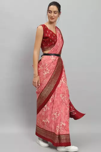 Pink printed silk blend ethnic saree with blouse piece