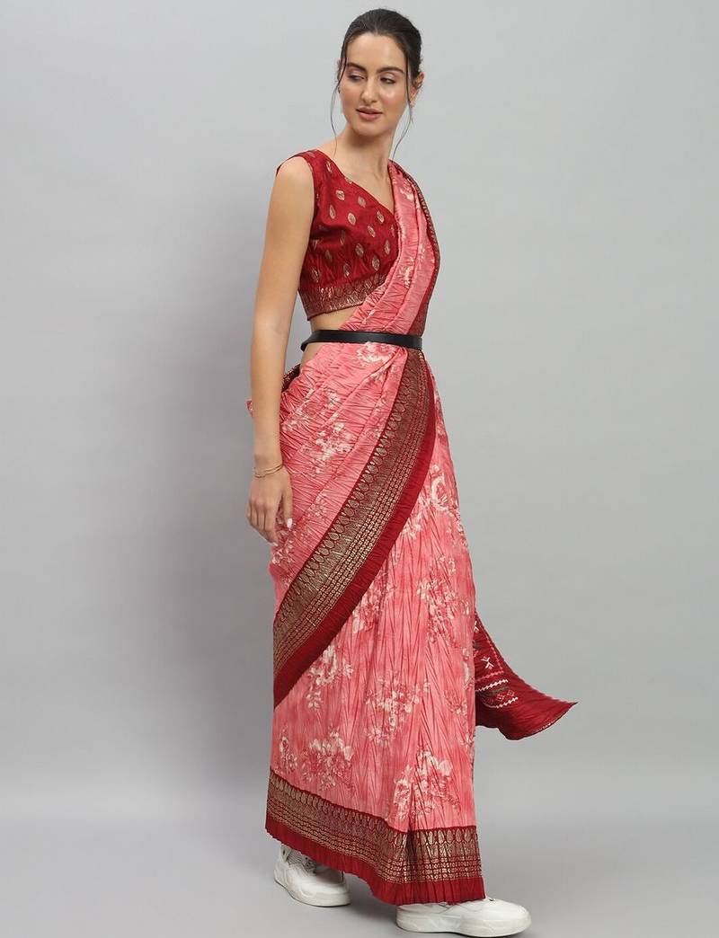 Pink printed silk blend ethnic saree with blouse piece