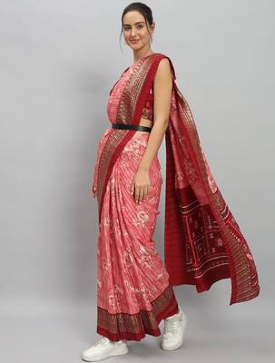 Pink printed silk blend ethnic saree with blouse piece 2