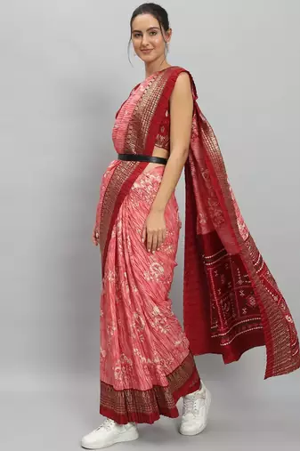 Pink printed silk blend ethnic saree with blouse piece
