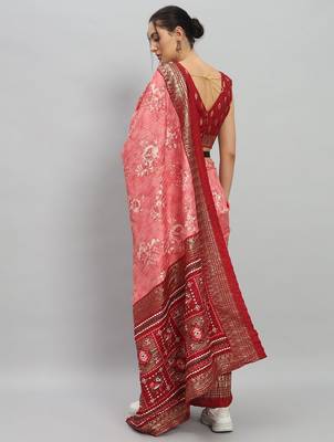Pink printed silk blend ethnic saree with blouse piece 3