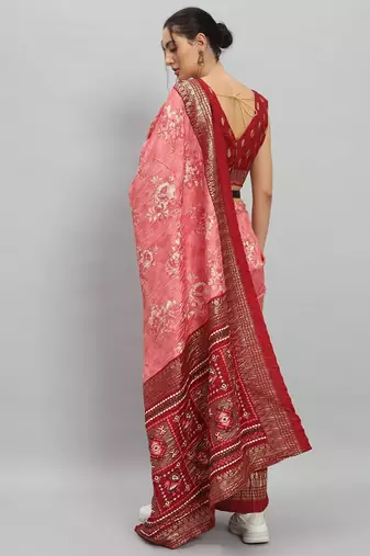 Pink printed silk blend ethnic saree with blouse piece