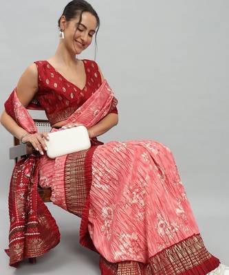 Pink printed silk blend ethnic saree with blouse piece 4