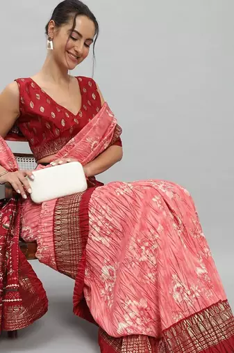 Pink printed silk blend ethnic saree with blouse piece