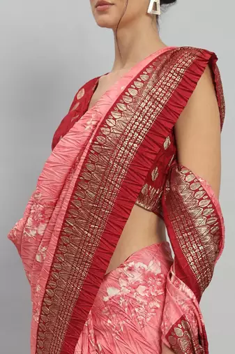 Pink printed silk blend ethnic saree with blouse piece