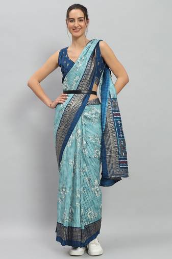 Green printed silk blend ethnic saree with blouse piece