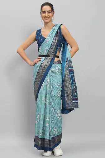 Green printed silk blend ethnic saree with blouse piece