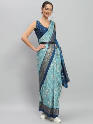 Green printed silk blend ethnic saree with blouse piece 2