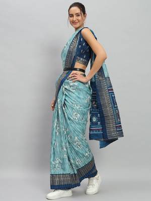 Green printed silk blend ethnic saree with blouse piece 3