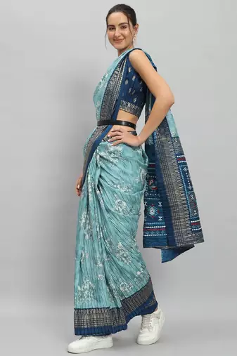 Green printed silk blend ethnic saree with blouse piece