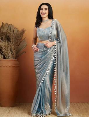 Grey plain chiffon designer saree with blouse piece 1