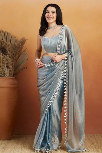 Grey plain chiffon designer saree with blouse piece
