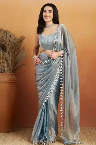 Grey plain chiffon designer saree with blouse piece