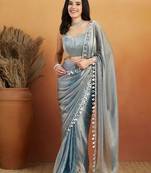 Grey plain chiffon designer saree with blouse piece