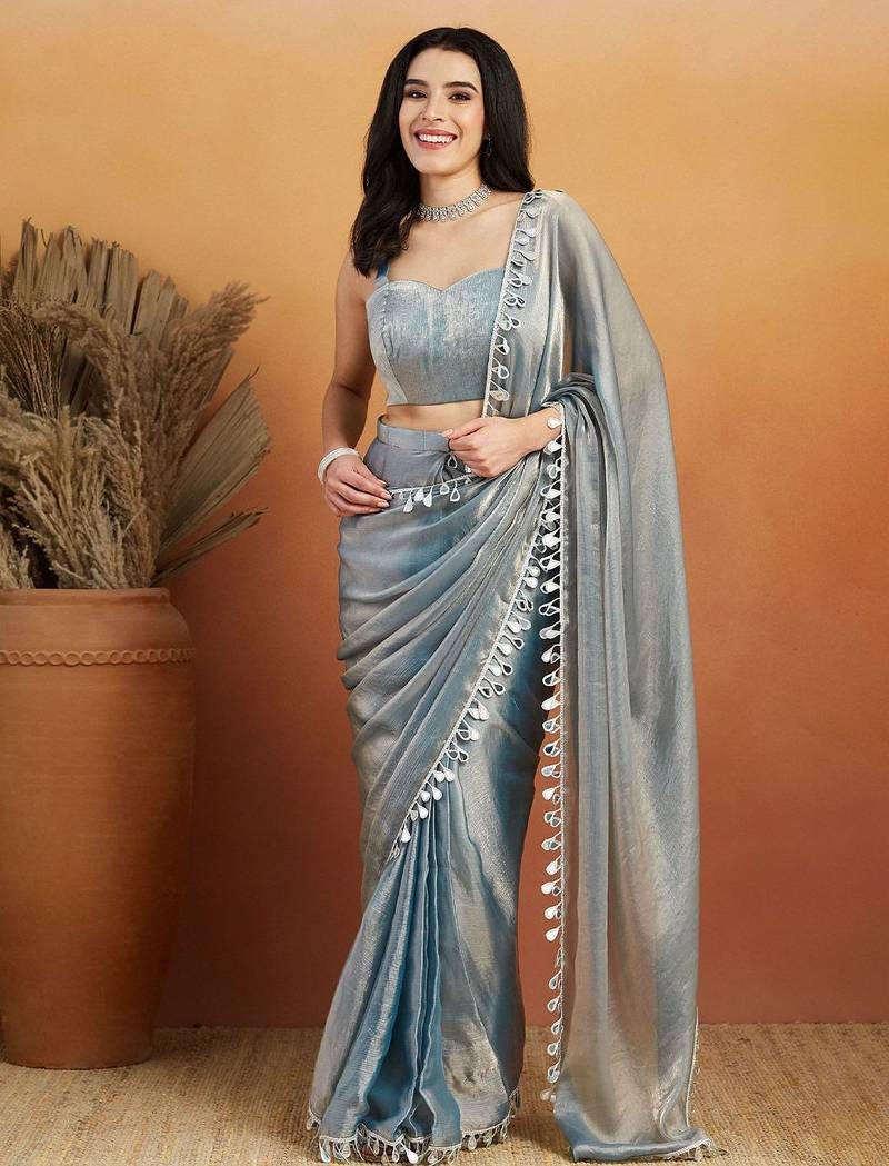 Grey plain chiffon designer saree with blouse piece