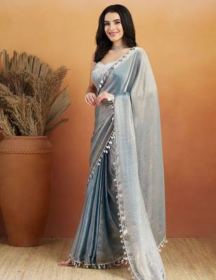 Grey plain chiffon designer saree with blouse piece 2