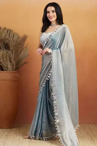 Grey plain chiffon designer saree with blouse piece