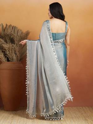 Grey plain chiffon designer saree with blouse piece 3