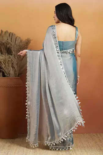 Grey plain chiffon designer saree with blouse piece