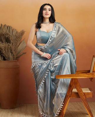 Grey plain chiffon designer saree with blouse piece 4