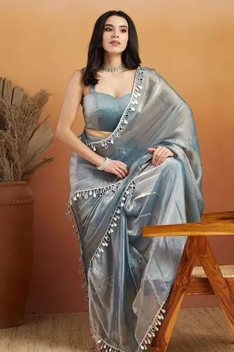 Grey plain chiffon designer saree with blouse piece