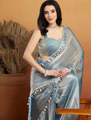 Grey plain chiffon designer saree with blouse piece 5