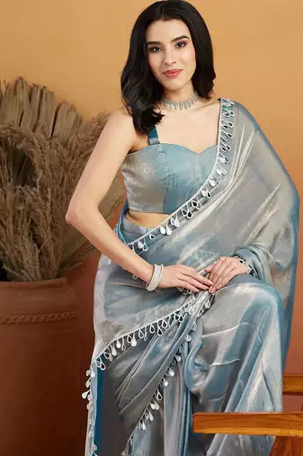Grey plain chiffon designer saree with blouse piece