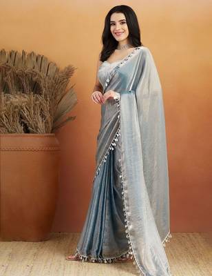 Grey plain chiffon designer saree with blouse piece 1