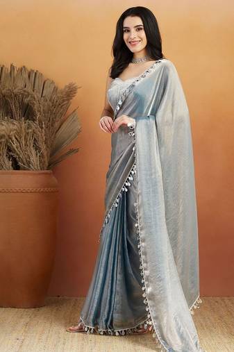 Grey plain chiffon designer saree with blouse piece