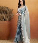 Grey plain chiffon designer saree with blouse piece