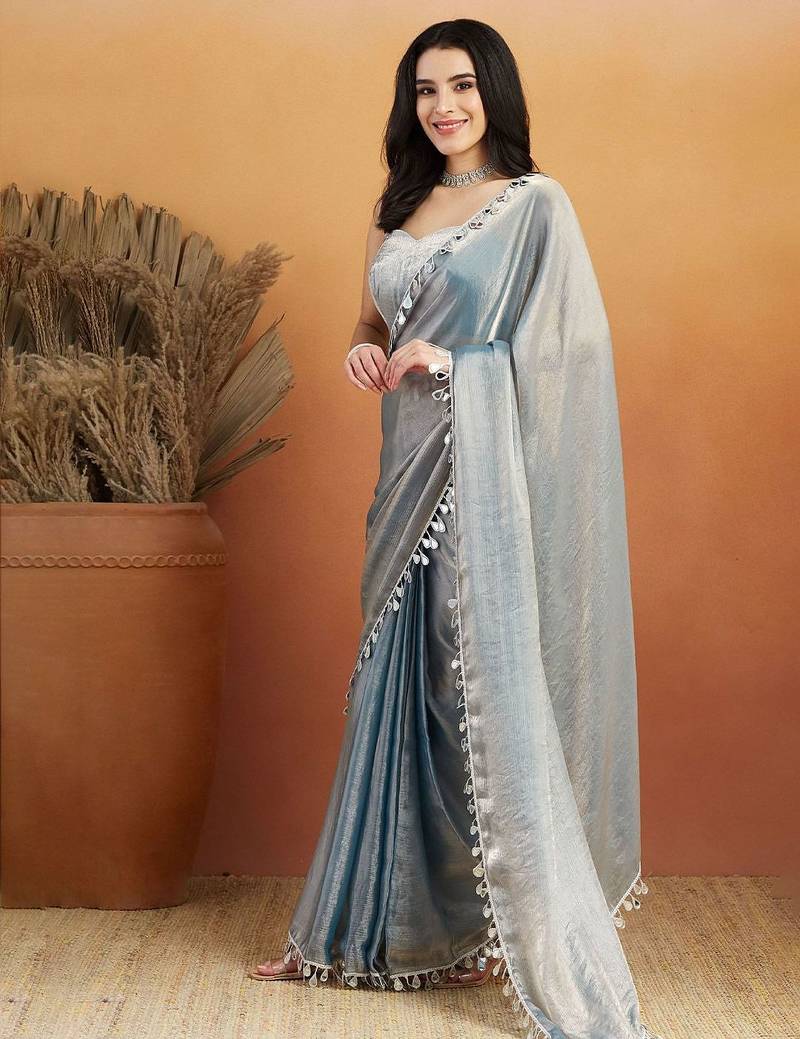 Grey plain chiffon designer saree with blouse piece