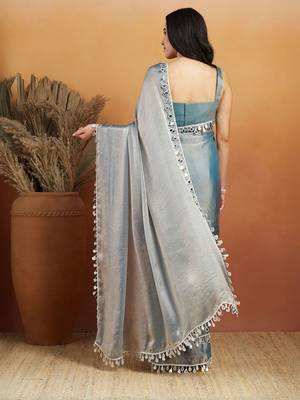 Grey plain chiffon designer saree with blouse piece 2