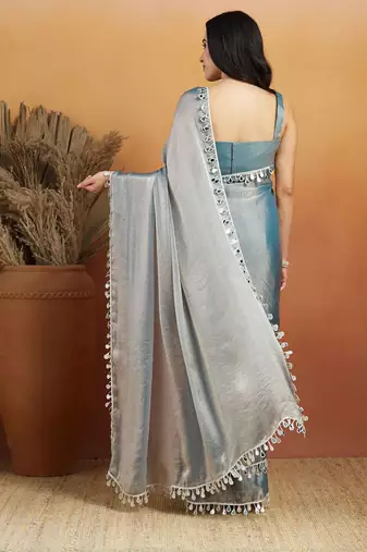 Grey plain chiffon designer saree with blouse piece