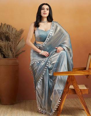 Grey plain chiffon designer saree with blouse piece 3
