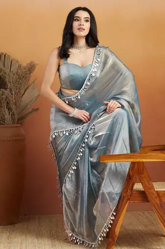 Grey plain chiffon designer saree with blouse piece