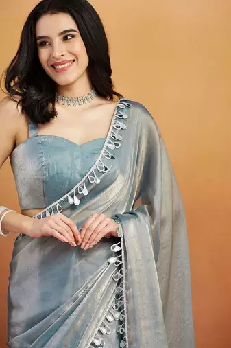 Grey plain chiffon designer saree with blouse piece