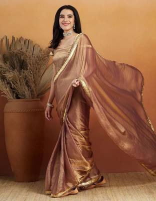 Brown plain chiffon designer saree with blouse piece 1