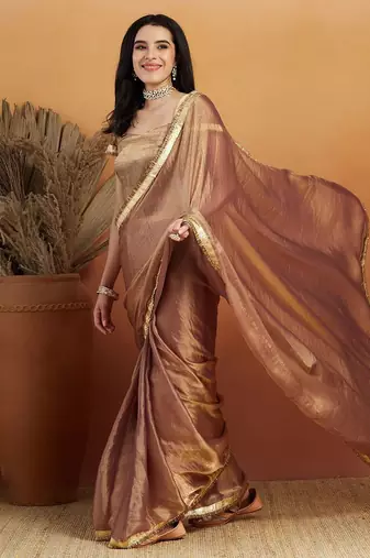 Brown plain chiffon designer saree with blouse piece